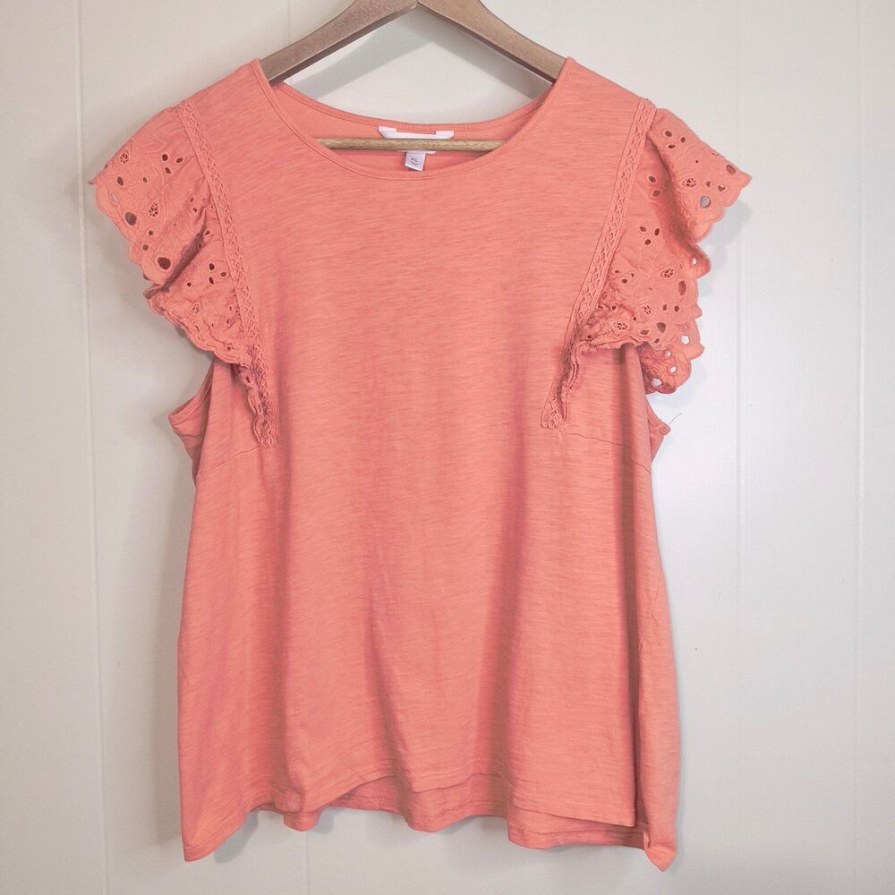 LC Lauren Conrad Coral Lace Flutter Sleeve Top 100% Cotton